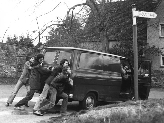 Prog rock is hard work: John Barnfield, Nigel Harris, Peter Gee, Nick Barrett, with manager Greg Lines in the van